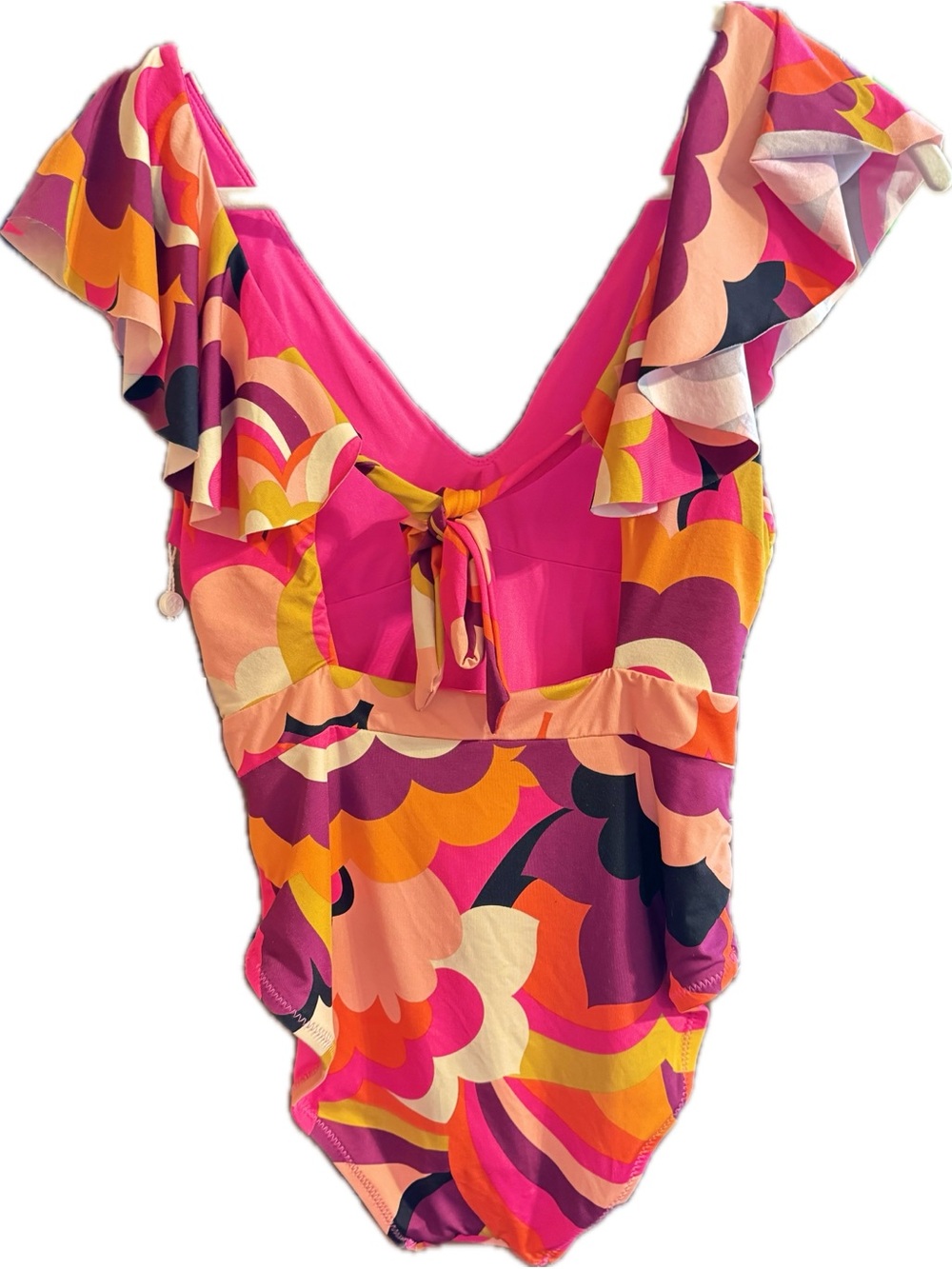 Trina Turk Fan Faire Sz 6 Ruffled Plunge One-Piece Swimsuit Pink Orange NWT - Picture 2 of 9